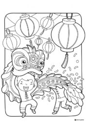 Lantern Street Lion Dance Coloring Page with Confetti Burst