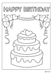 Layered Birthday Cake Coloring Sheet with Balloons