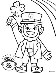 Leprechaun Coloring Page Holding Shamrock Under Rainbow