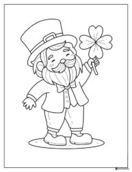 Leprechaun Coloring Page Holding Shamrock with Smile