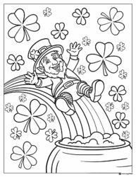 Leprechaun Coloring Page Sliding on Rainbow into Gold Pot