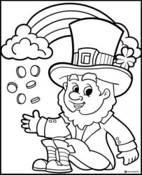 Leprechaun Coloring Page with Coins and Rainbow Clouds