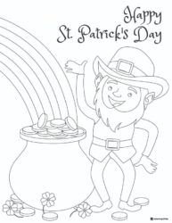 Leprechaun Coloring Page with Pot of Gold and Rainbow Trail