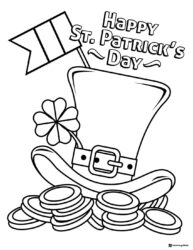 Leprechaun Face Coloring Page with Hat and Four Leaf Clovers