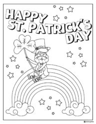 Leprechaun Riding Rainbow Coloring Page with Stars and Clover