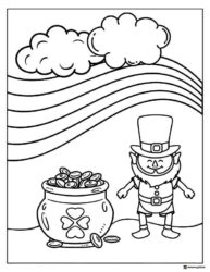 Leprechaun and Gold Pot Coloring Page with Rainbow and Clouds
