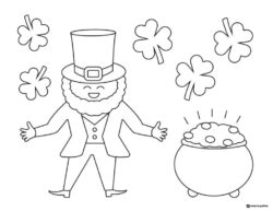 Leprechaun and Shamrocks Coloring Page with Gold Pot