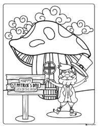 Leprechaun and Sign Coloring Page with Mushroom House