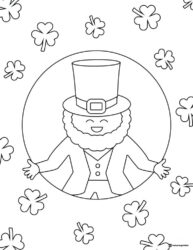 Leprechaun in Circle Frame Coloring Page with Shamrocks Around
