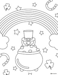 Leprechaun in Gold Pot Coloring Page with Rainbow and Stars