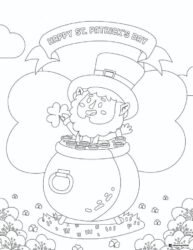 Leprechaun in Pot Coloring Page with St. Patricks Banner