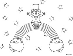 Leprechaun on Rainbow Coloring Page with Pots of Gold and Stars