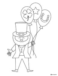 Leprechaun with Balloons Coloring Page with Lucky Symbols