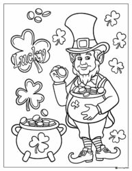 Leprechaun with Coins Coloring Page and Lucky Shamrocks