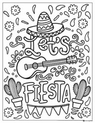 Lets Fiesta Cinco de Mayo Coloring Page with Guitar and Sombrero