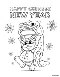 Lion Dance Tiger Coloring Page with Fireworks and Greeting Text