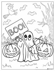 Little Ghost Coloring Sheet Holding BOO Sign with Pumpkins