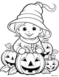 Little Witch Coloring Page Surrounded by Pumpkins
