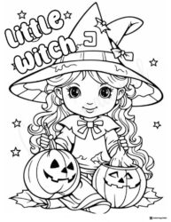 Little Witch Coloring Page with Pumpkins and Star Accents