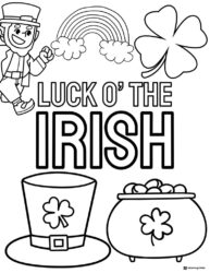 Luck o the Irish Coloring Page with Rainbow and Hat Icons