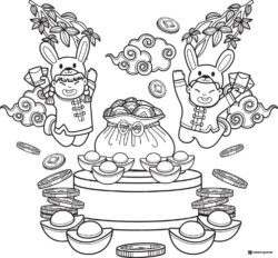 Lucky Coins and Bunnies Coloring Page with Festive Clouds