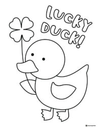 Lucky Duck Coloring Page Holding a Shamrock Leaf