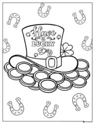 Lucky Hat Coloring Page on Coins with Horseshoes Around