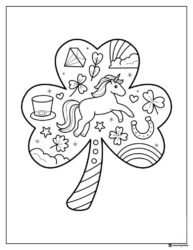 Lucky Shamrock Coloring Page with Unicorn and Charms