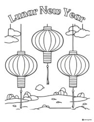 Lunar New Year Lantern Coloring Page with Cloudy Background