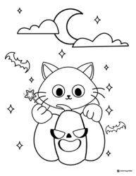 Magic Cat with Pumpkin Coloring Page under Moonlight