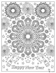 Mandala Style New Year Coloring Sheet with Fireworks and Bottles