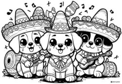 Mariachi Dogs Coloring Page with Sombreros and Instruments