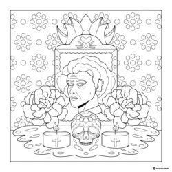 Memorial Altar Coloring Page with Portrait Skull and Candles