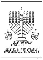 Menorah Coloring Page with Dreidels and Happy Hanukkah Text