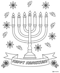Menorah Coloring Page with Flowers and Banner Design