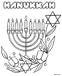 Menorah and Dreidels Coloring Sheet with Stars and Leaves