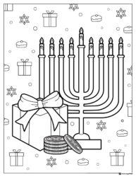 Menorah and Gift Coloring Sheet with Gelt and Decorations