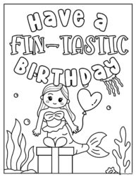 Mermaid Birthday Coloring Page with Gift and Sea Creatures