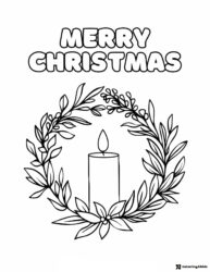 Merry Christmas Coloring Page with Candle and Leafy Wreath