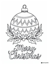 Merry Christmas Ornament Coloring Page with Holly and Leaves