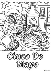 Mexican Food Coloring Page with Burritos Tacos and Salsa
