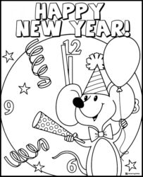 Mouse Coloring Sheet with Balloon Hat and Midnight Clock