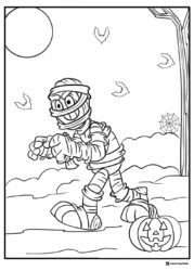 Mummy Walking Coloring Page with Moon and Jack o Lantern