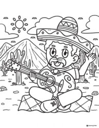 Musician Coloring Page with Guitar and Desert Background