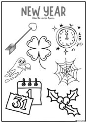 New Year Activity Coloring Page with Clock and Calendar Icons