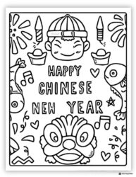 New Year Celebration Coloring Page with Boy Fireworks and Music