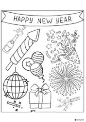 New Year Coloring Page with Fireworks Gifts and Party Items