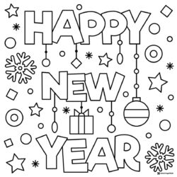 New Year Coloring Page with Hanging Ornaments and Gift Box