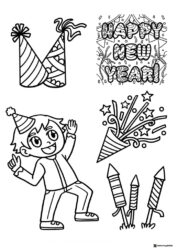New Year Coloring Page with Hats Rockets and Party Kid
