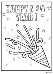 New Year Coloring Page with Party Popper and Confetti Burst